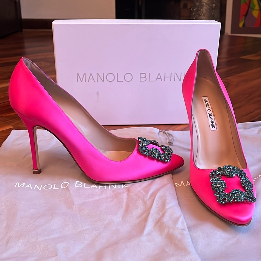 Manolo Blahnik Pink Satin BB Pumps with Crystal Buckle
